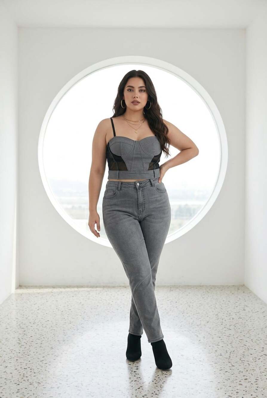 Grey Denim Black Mesh Bustier Corset Tiny Strap Crop Top Western Boho Whimsigoth